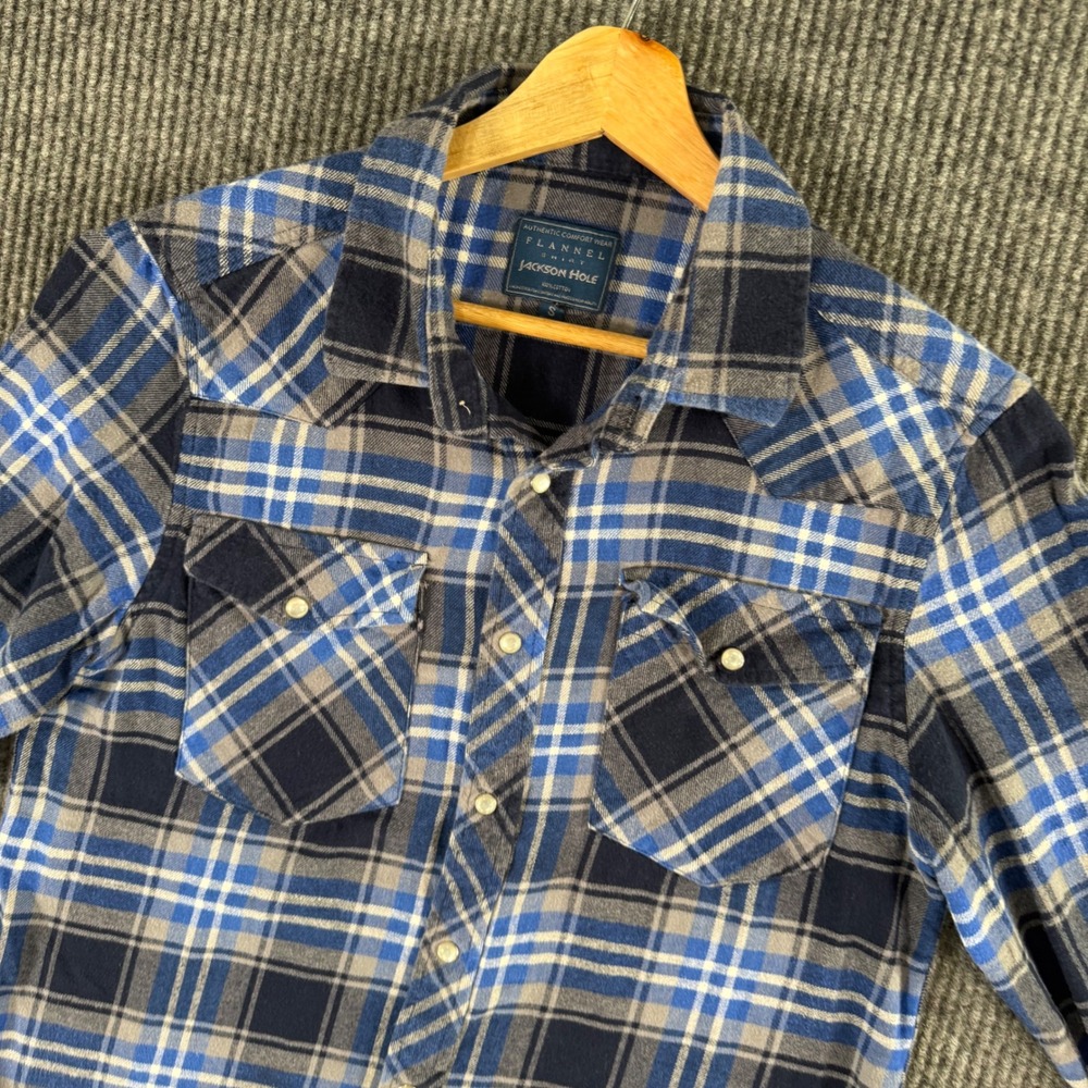 Jackson Hole Flannel Western Shirt Mens L Blue Plaid Cowboy Rodeo Workwear